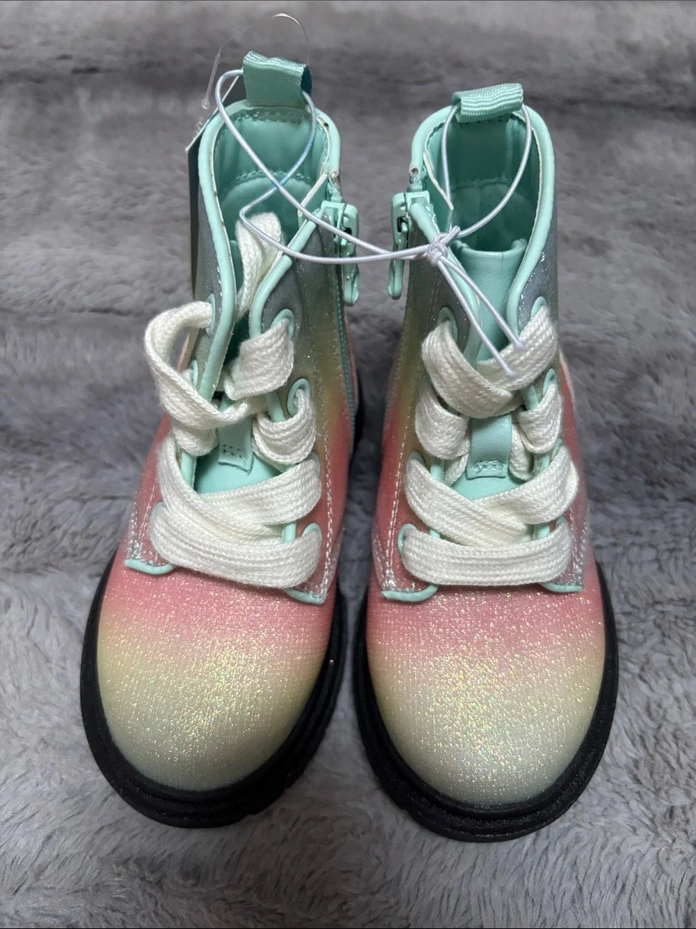 Cat & Jack Girls Glitter Ombre Lace-Up Boots in Mint and Pink